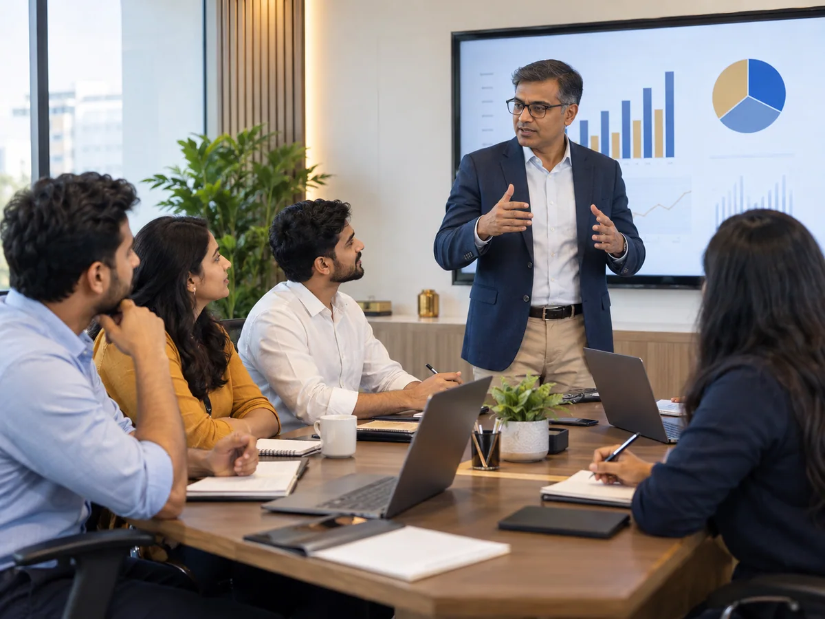 Corporate trainer leading an interactive business training workshop