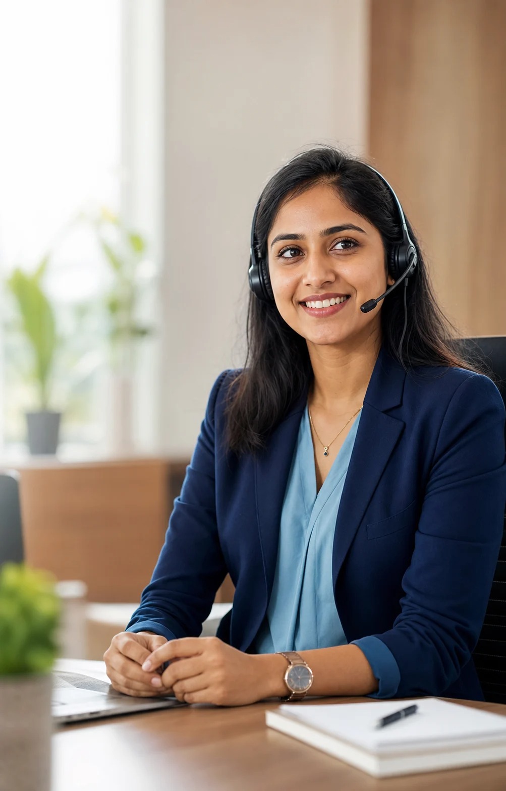 A smiling learning advisor wearing a headset
