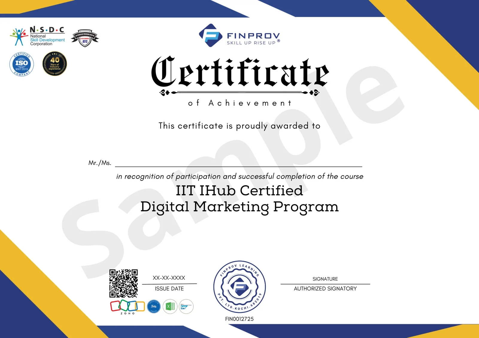 Sample certificate of the IIT iHub Certified Digital Marketing Program by Finprov Learning