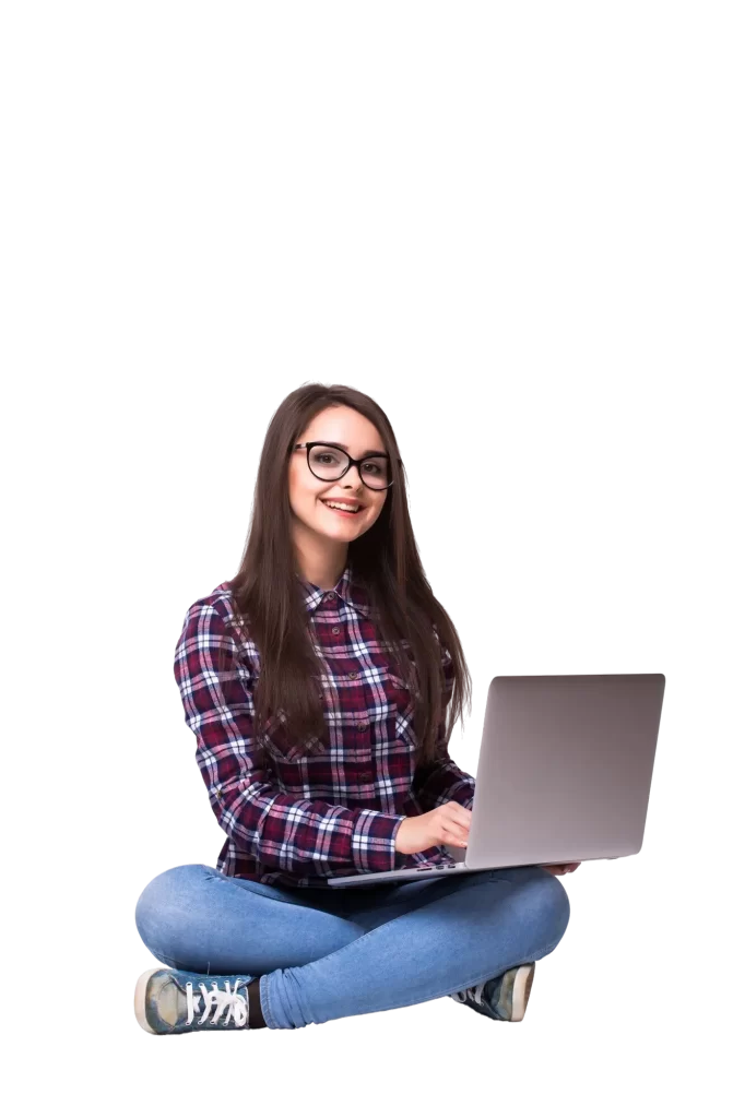 young woman working laptop floor white background