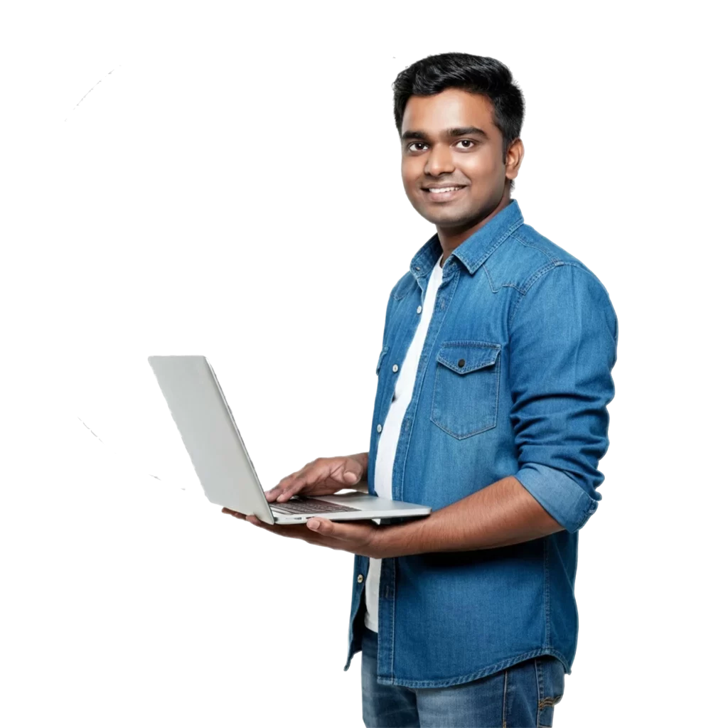 man holding laptop standing sideways isolated background 1