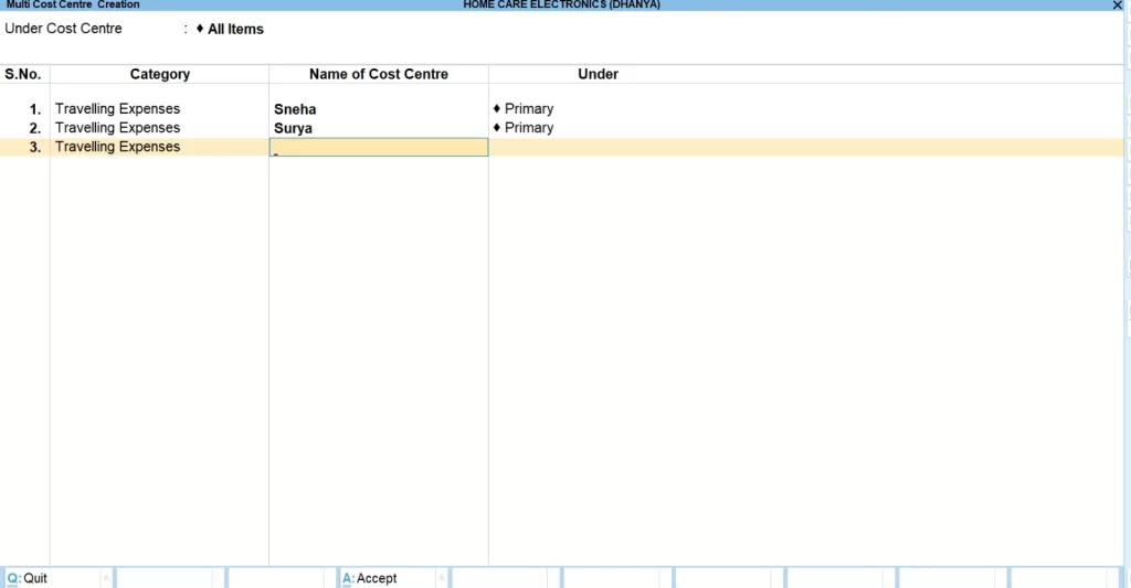 multiple cost centers